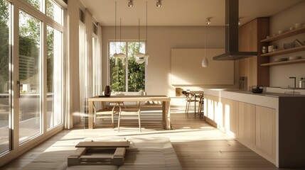 Front view of elegant interior with gray drawers under kitchen cabinet. empty wooden table and marble countertop in room. modern equipment for cooking. well organized space for storage food products