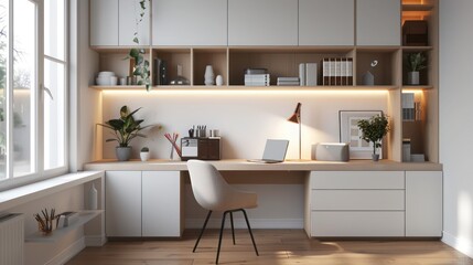 Scandinavian-style home office with a minimalist desk, ergonomic chair, and built-in shelves, creating a clean and productive workspace