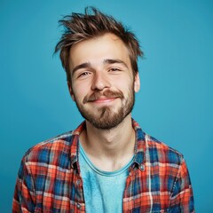 Fototapeta premium Portrait of a Smiling Young Hipster Millennial Man with a Beard on a Blue Background