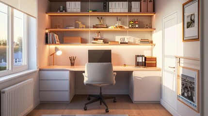 Fototapeta premium Scandinavian-style home office with a minimalist desk, ergonomic chair, and built-in shelves, creating a clean and productive workspace