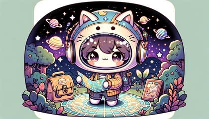 A charming character with a planet ring around its head, wearing a helmet with cat ears, headphones, and a casual outfit.