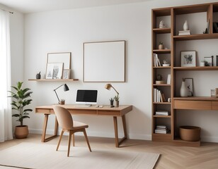 Mockup poster frames on the wall of the bedroom. Modern Interior mockup. Apartment background. Modern Japandi interior design. 3D render