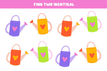 Find two watering cans of the same color. Logic game for attention. Educational games for children. Set of colorful watering cans. Educational cards for children.
