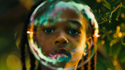 Close-up of a child's face reflected in a large soap bubble, greenery in the background, right third copy space