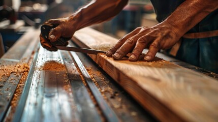 Close-up of a carpenter's hands skillfully sawing wood at a workshop, creating a precise cut with sawdust surrounding the workbench.