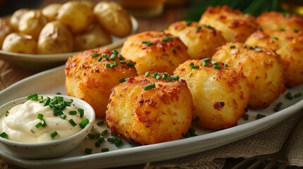 Fototapeta premium Golden fried potato croquettes served on a white ceramic plate with a side of creamy garlic aioli