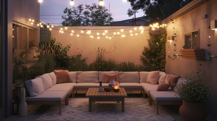 Fototapeta premium Scandinavian-style patio with simple furniture, a neutral color scheme, and string lights above, providing a perfect setting for evening relaxation outdoors