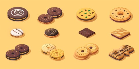 Isometric Illustration of Various Cookies on a Yellow Background, Including Delicious Biscuits, Oatmeal Cookies, and Chocolate Sandwiches, Perfect for Afternoon Tea, Cookie Marketing Ads, Children's D