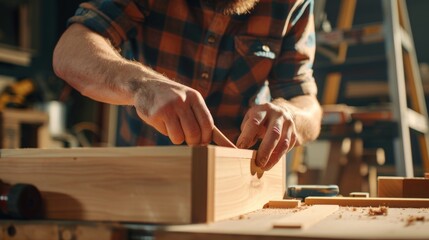 Close-up of a carpenter's hands working with wood in a workshop, showcasing craftsmanship and attention to detail in woodworking.
