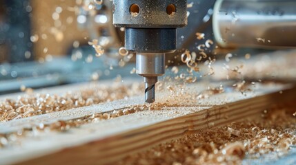 Close-up of a CNC machine drilling into a wooden board, creating wood shavings. Precision woodworking and craftsmanship in action.
