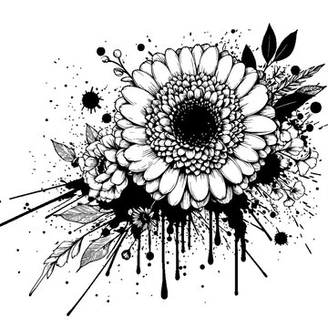 line art splashes of black paint form a garbera bouquet