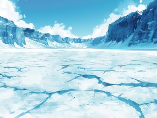 Panoramic View of Frozen Glacier Landscape with Cracked Ice Surface and Majestic Snow-Capped Mountains Under Clear Blue Sky