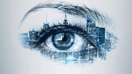 Businesswoman's gaze toward futuristic cityscape and technology in AI double exposure image.