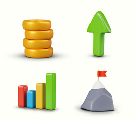 Column of gold coins, green arrow up, colorful chart, mountain with flag on top