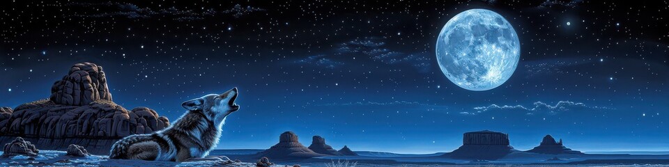 Serene Nightscape with Blue Moon, Starry Sky, Rocky Formations, and Solitary Horse: Tranquil Nature Vista Under Moonlight