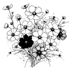 line art splashes of black paint form a bouquet of cosmos