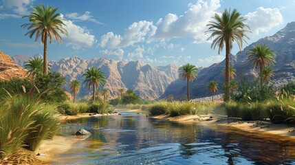 Obraz premium Tranquil river landscape with lush greenery and towering mountains under clear blue sky