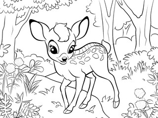 Obraz premium Children picture, coloring book. Fawn in the forest. Generative ai vector.