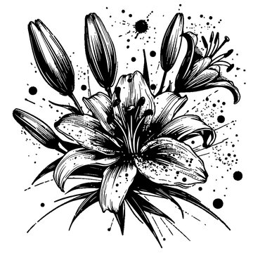 recommend clip art: line art splashes of black paint form a bouquet of lilies