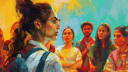 Female teacher conducting a lesson with a group of attentive college students