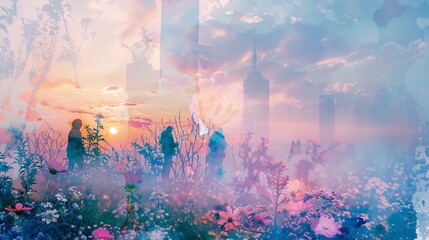 Energetic cinematic floral double exposure background featuring vibrant blooms and ethereal human forms.