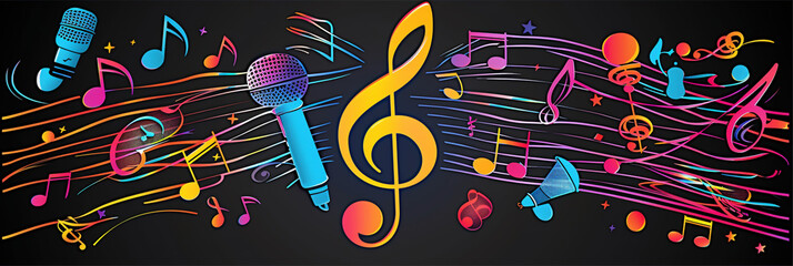 A vector graphic showcasing a music note amidst an array of musical notes and microphones.