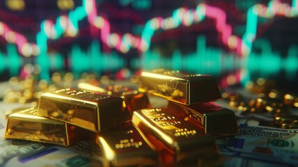 Obraz premium Graph of gold stocks soaring.