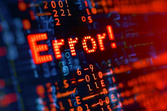 Eye-catching error sign appearing in red with a glitch effect on a backdrop of binary code
