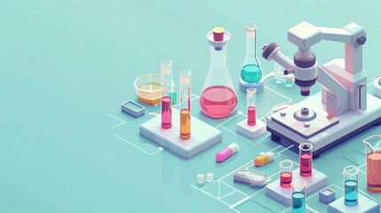 Laboratory equipment, including beakers, test tubes, and a microscope, arranged on a blue background.