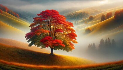 A lone tree with vibrant, multicolored leaves against a backdrop of misty rolling hills.