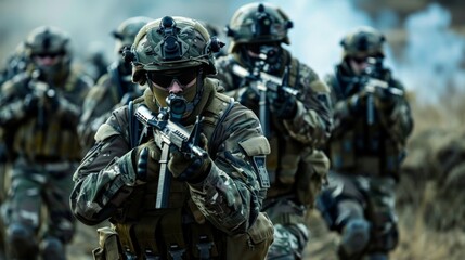 Obraz premium Troops advancing in formation with weapons at the ready