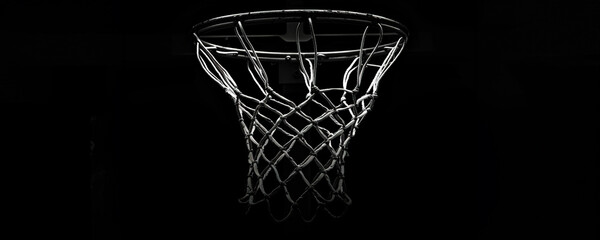 Monochrome basketball hoop against a dark background with spotlight effect.