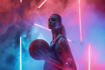 Athlete holding a basketball amidst vibrant neon lights and haze.