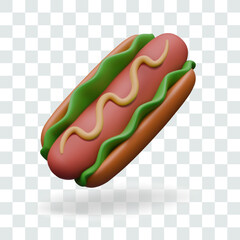 Realistic hot dog. Bun with sausage, greens, mustard. Fast food with sauce