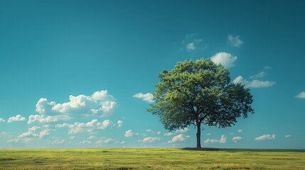 a tree in the fiels with sky and clouds background
