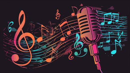 A vector graphic showcasing a music note amidst an array of musical notes and microphones.