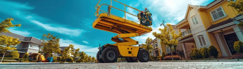 A yellow self - propelled articulated boom lift