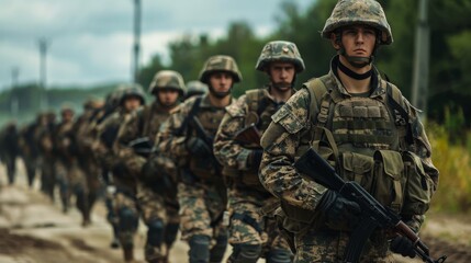 Fototapeta premium Troops advancing in formation with weapons at the ready