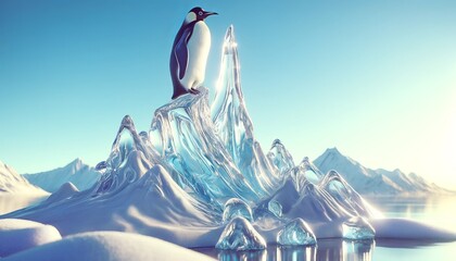 A penguin perched on a glistening ice sculpture shaped like a mountain peak.