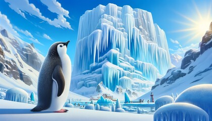 A penguin looking up at a towering ice cliff with icicles hanging down.