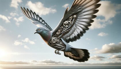 A pigeon flying with mechanical wings, showing the inner workings and gears through semi-transparent feathers.