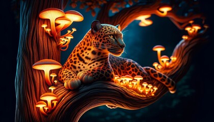 A detailed image of a leopard perched on a tree branch with glowing orange mushrooms on the tree trunk, adding a mystical and enchanting element.