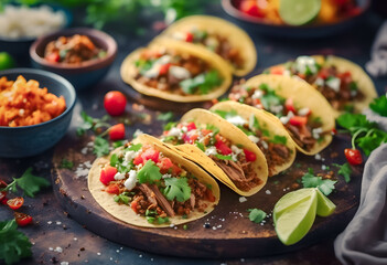 A close-up of a wooden board with a row of delicious tacos filled with shredded meat, tomatoes, cilantro, and cheese. Lime wedges and a bowl of rice are visible in the background. National Taco Day.