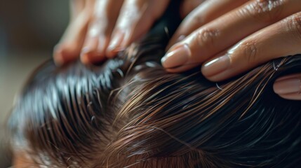 Close-up of hands massaging the scalp of a person with wet hair. Hair treatment or scalp massage for promoting relaxation and hair health.