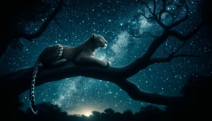 A detailed image of a leopard perched on a tree branch with a backdrop of a star-filled sky, capturing the serenity of the night.