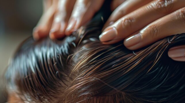 Close-up of hands massaging the scalp of a person with wet hair. Hair treatment or scalp massage for promoting relaxation and hair health.