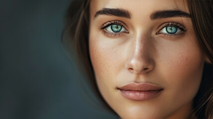 Obraz premium Beautiful woman with blue eyes. Close-up portrait of a woman with clear skin, freckles, and captivating blue eyes.