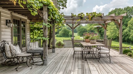 Obraz premium outdoor farmhouse patio with distressed wood decking