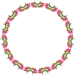 Subtle decorative wreath of watercolor pink bouquets on a transparent background