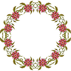 Decorative wreath on a transparent background of unusual two-color flowers and many green leaves painted in watercolor 